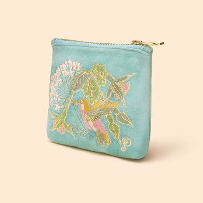 Velvet Embroidered Hummingbird Mini Pouch