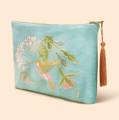 Velvet Embroidered Hummingbird Zip Pouch