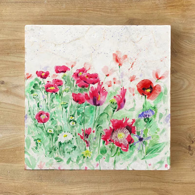 Country Poppies Natural Stone Marble Coaster