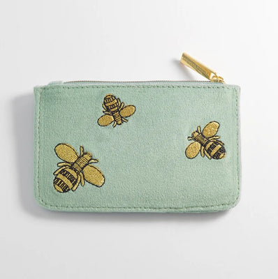 Estella Bartlett Embroidered Bees Card Purse, Green Velvet