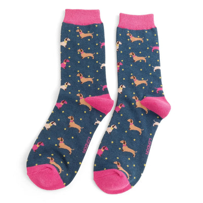 Miss Sparrow Sausage Dog & Spots Socks, Navy