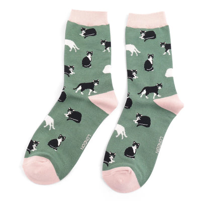 Miss Sparrow Black & White Cats Socks, Green