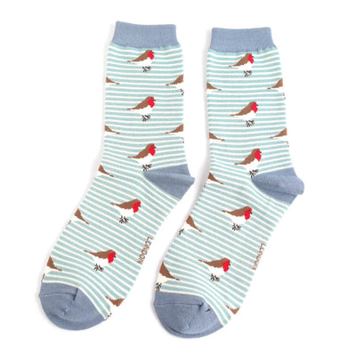 Miss Sparrow Robins on Stripes Socks, Duck Egg