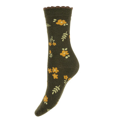 Joya Dark Green Wool Blend Socks with Flowers