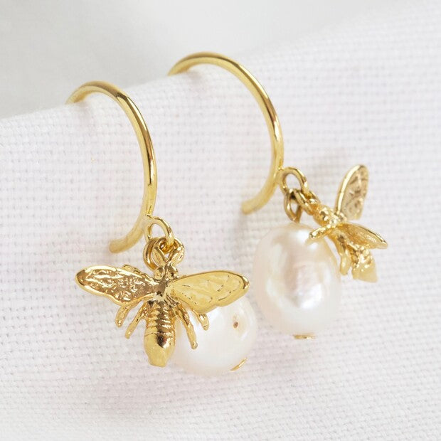 Gold Bee Charm and Freshwater Pearl Hoop Earrings – Loving Home