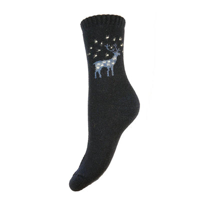 Joya Dark Blue Wool Blend Socks with Reindeer